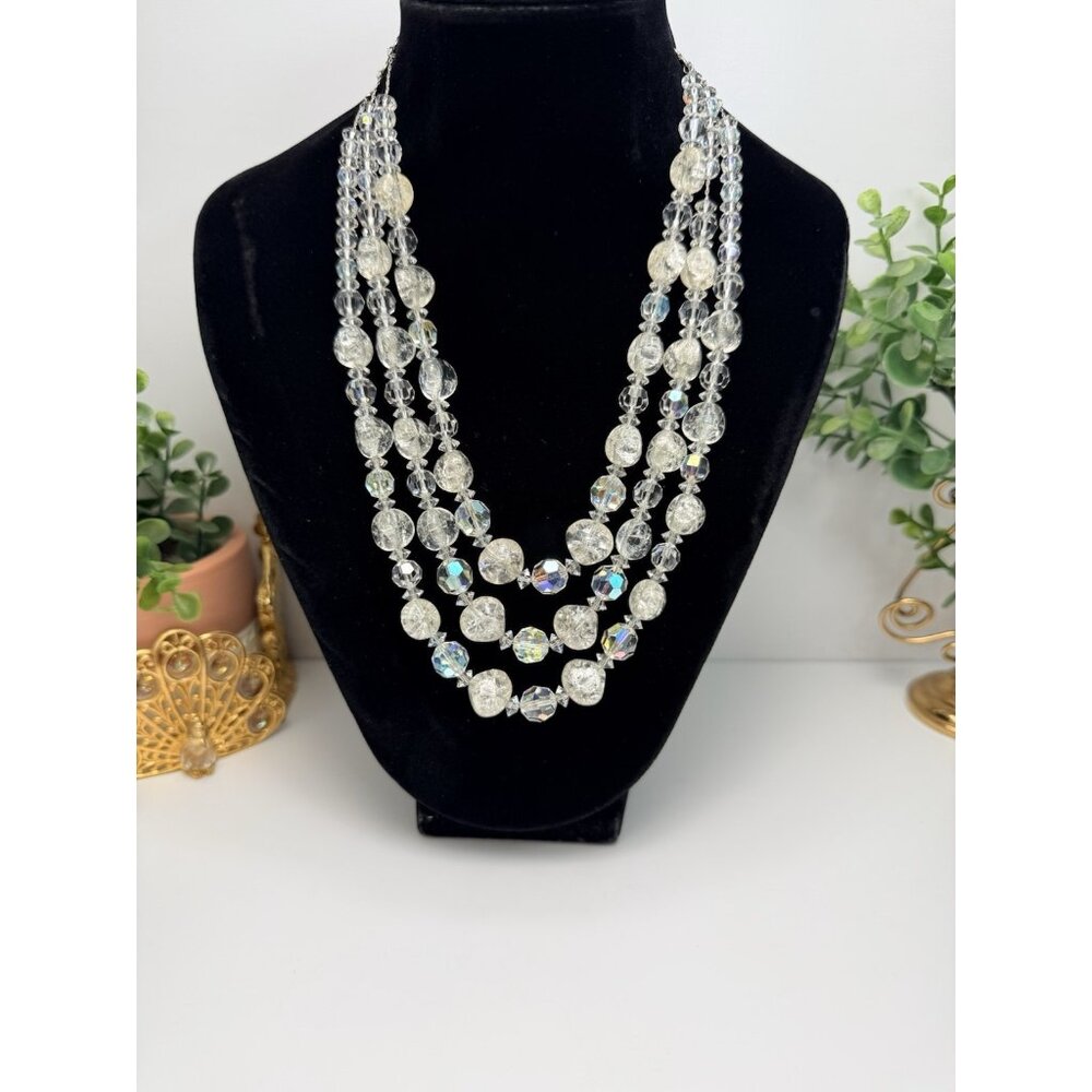 Vintage Czech Crackle Glass & Crystal AB 3 Strand Necklace Elegant Sparkle